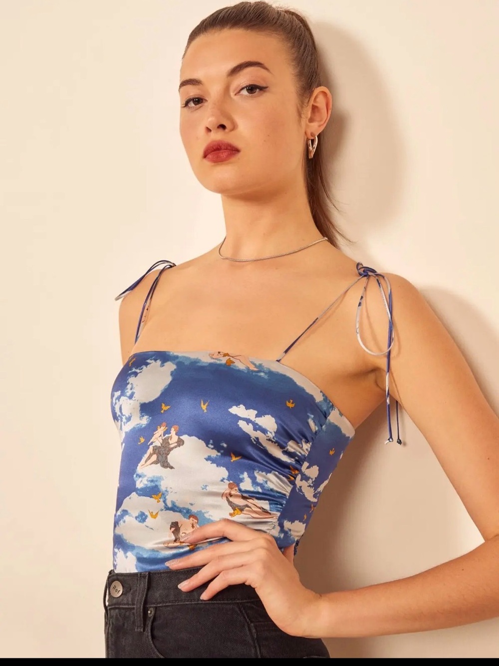 Reformation Blue Cloud-Print Tie-Strap Satin Cami